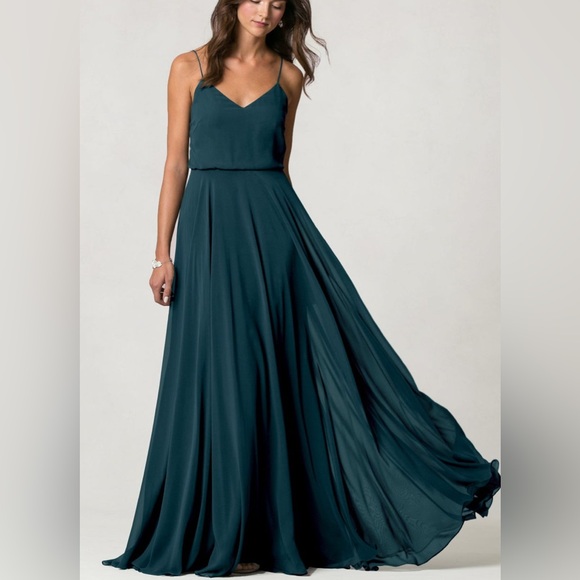 Jenny Yoo inesse spaghetti strap chiffon gown in Caspian Sea - Picture 1 of 5